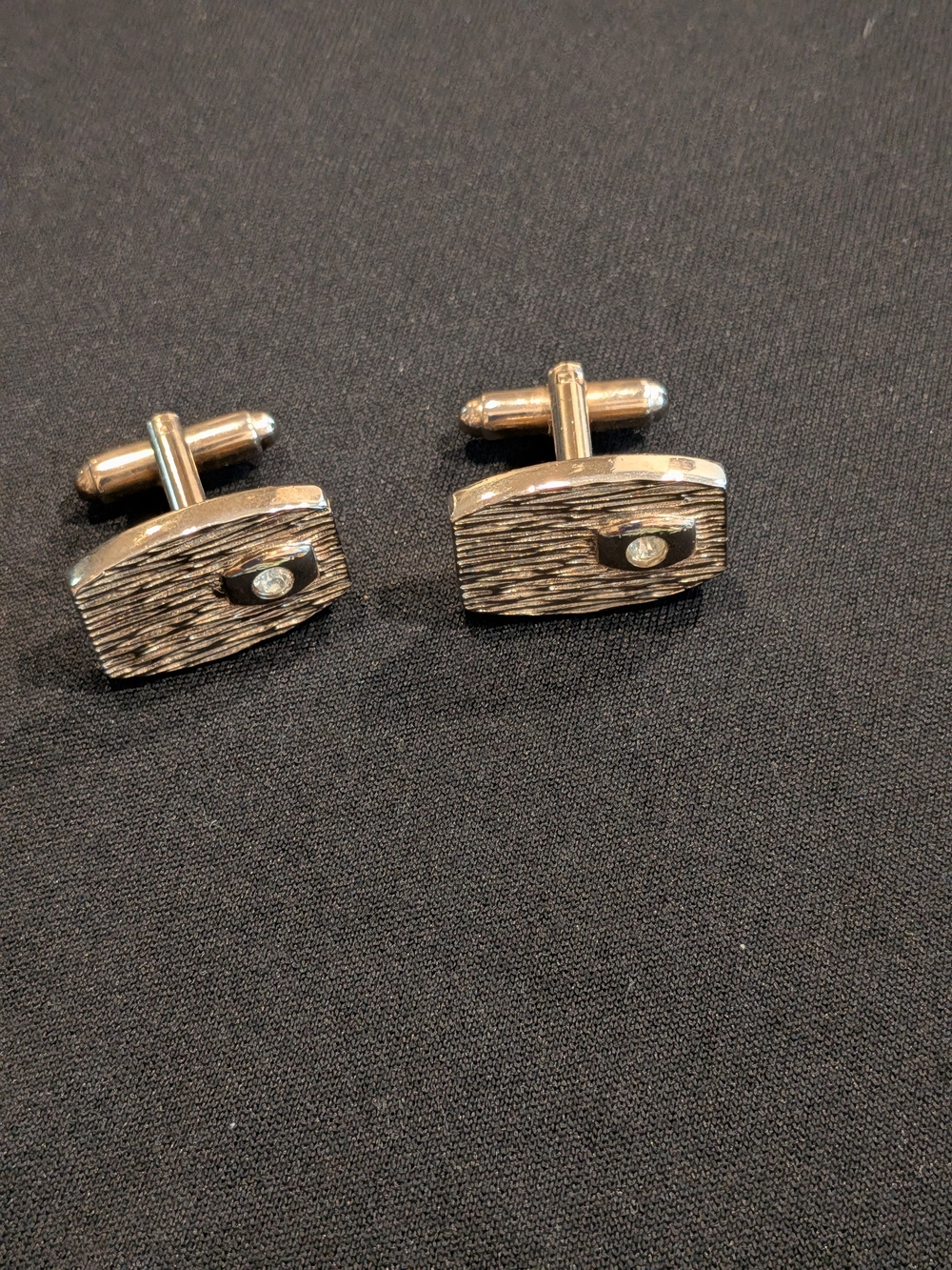 Gold-Tone Textured Rectangle Cufflinks with Center Stone Vintage 1970s